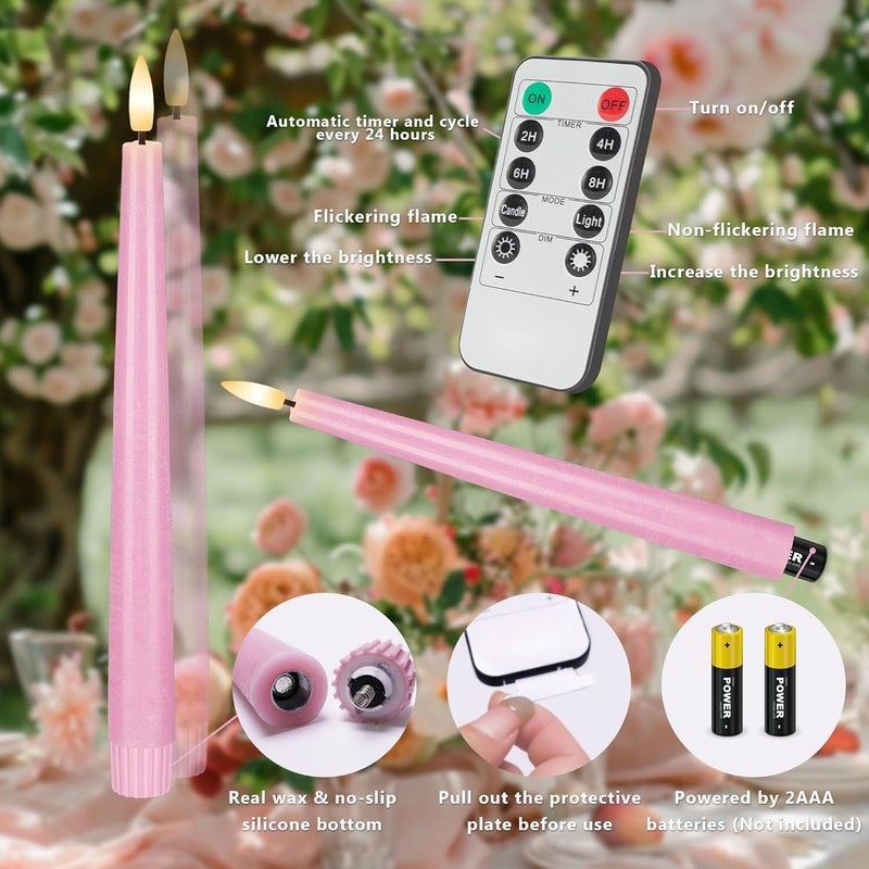 AFINETH Pink Flameless Taper Candles, 9.6" Battery Operated Candles with Remote, Real Wax Led Candle, Flickering Flameless Candlesticks for Home Party Wedding Romantic Night Decor - Image 2